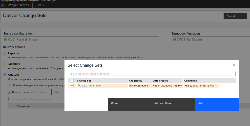 When selecting a change set, you can see its name, when and by whom it was created and the date it was committed